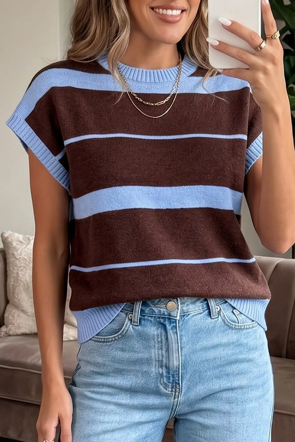 Striped Short Sleeve Round Neck Casual Knit Top, image 4