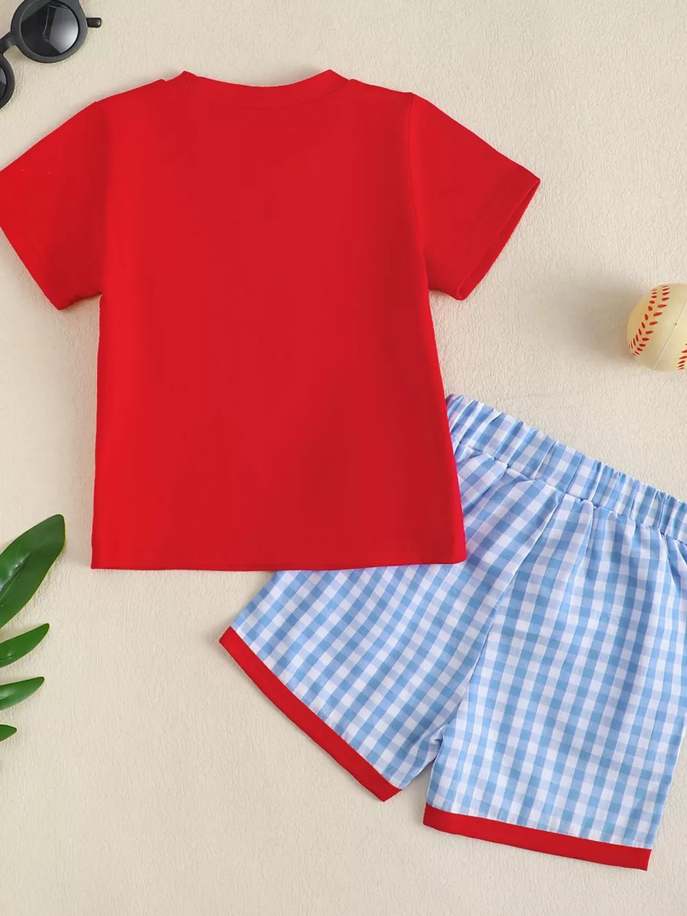 Children's Baseball Embroidered T-shirt and Gingham Shorts Set, image 5