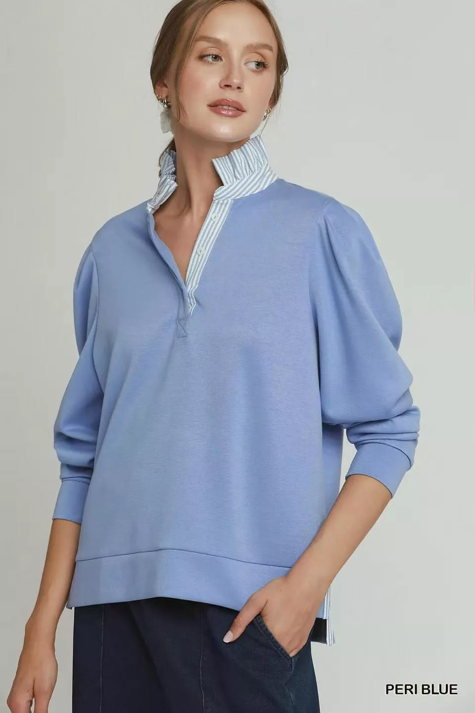 Stripe Ruffle Neck Long Sleeve Top