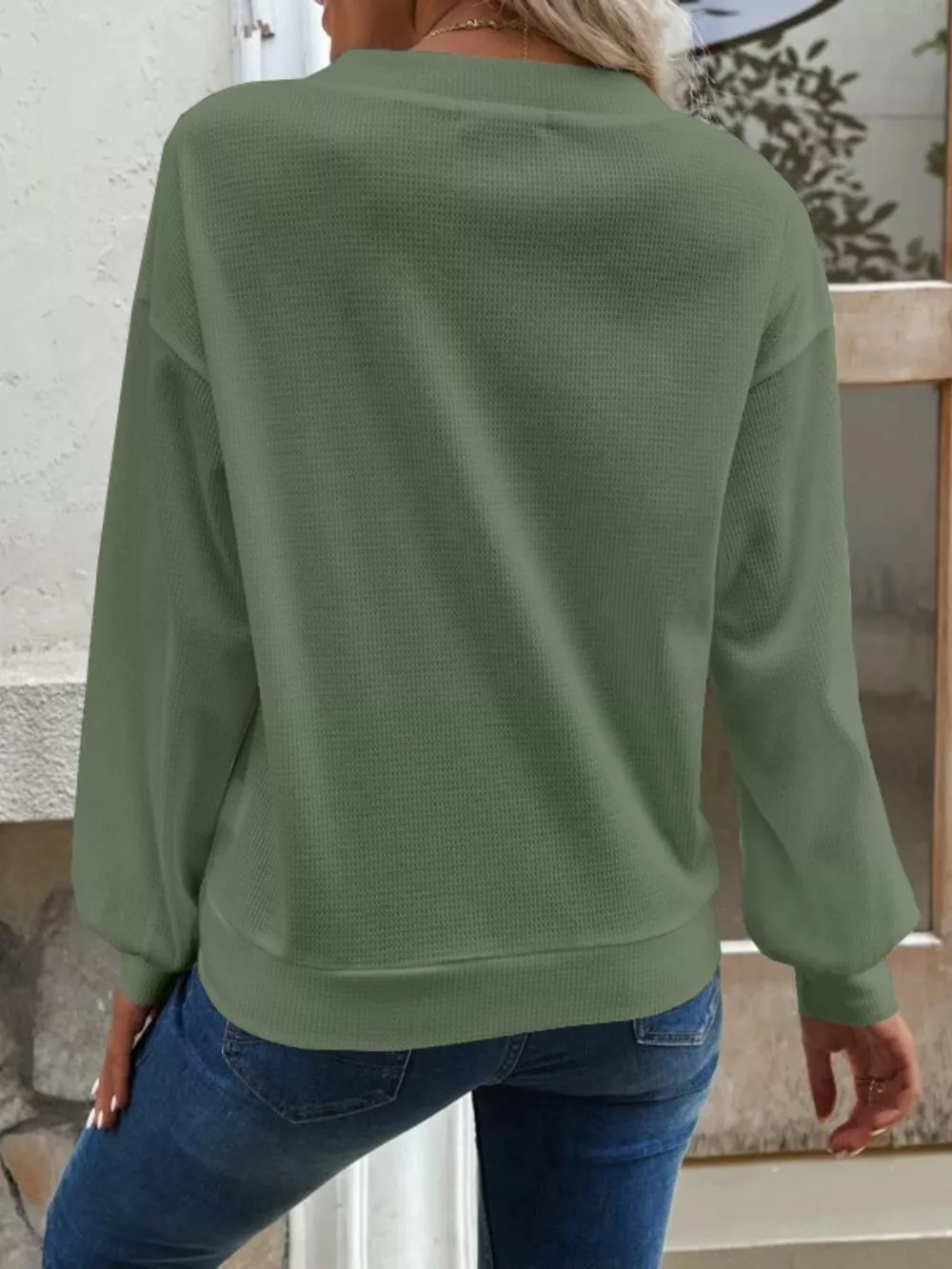 Casual V-Neck Waffle Long Sleeve Top, image 10