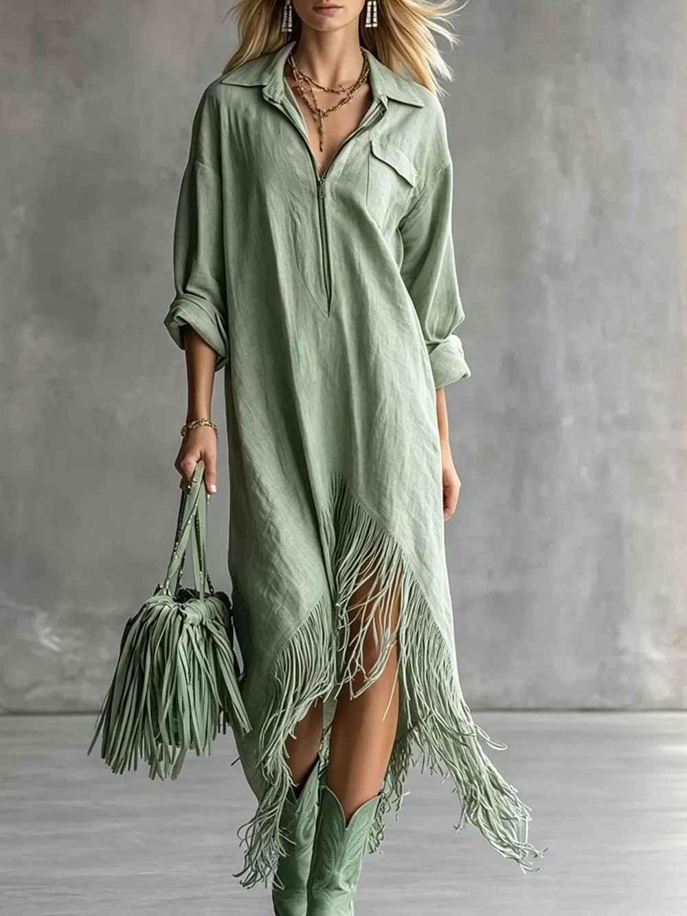 Zipper-Front Fringe Hem Midi Dress, image 5