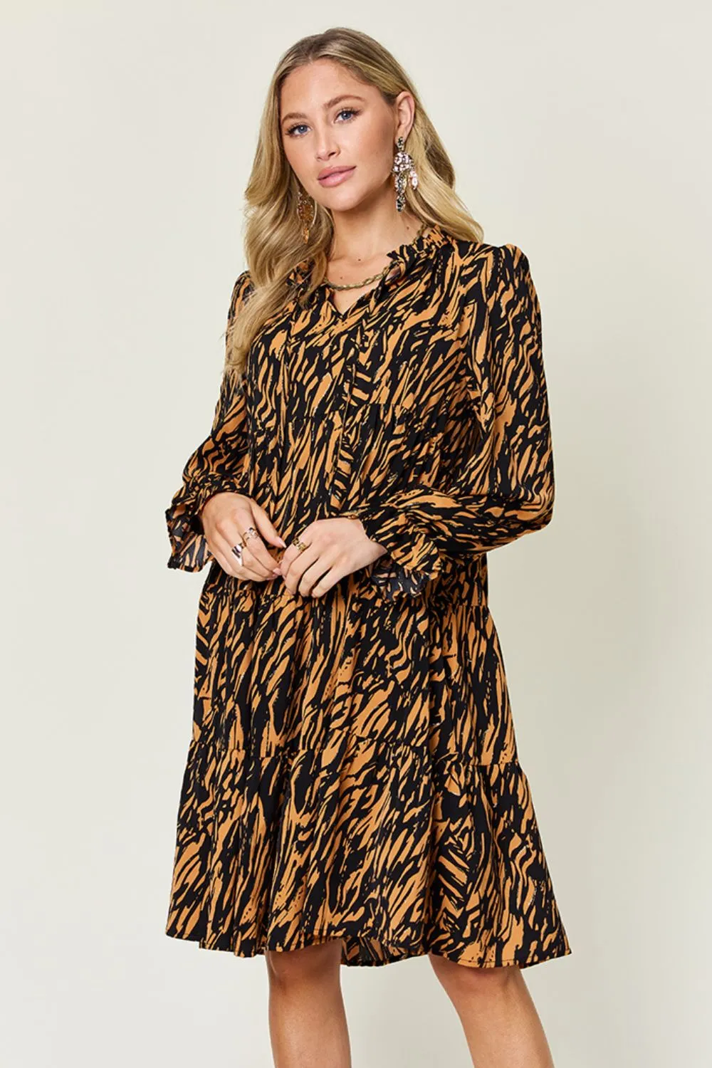 Full Size Printed Ruffle Hem Long Sleeve Dress