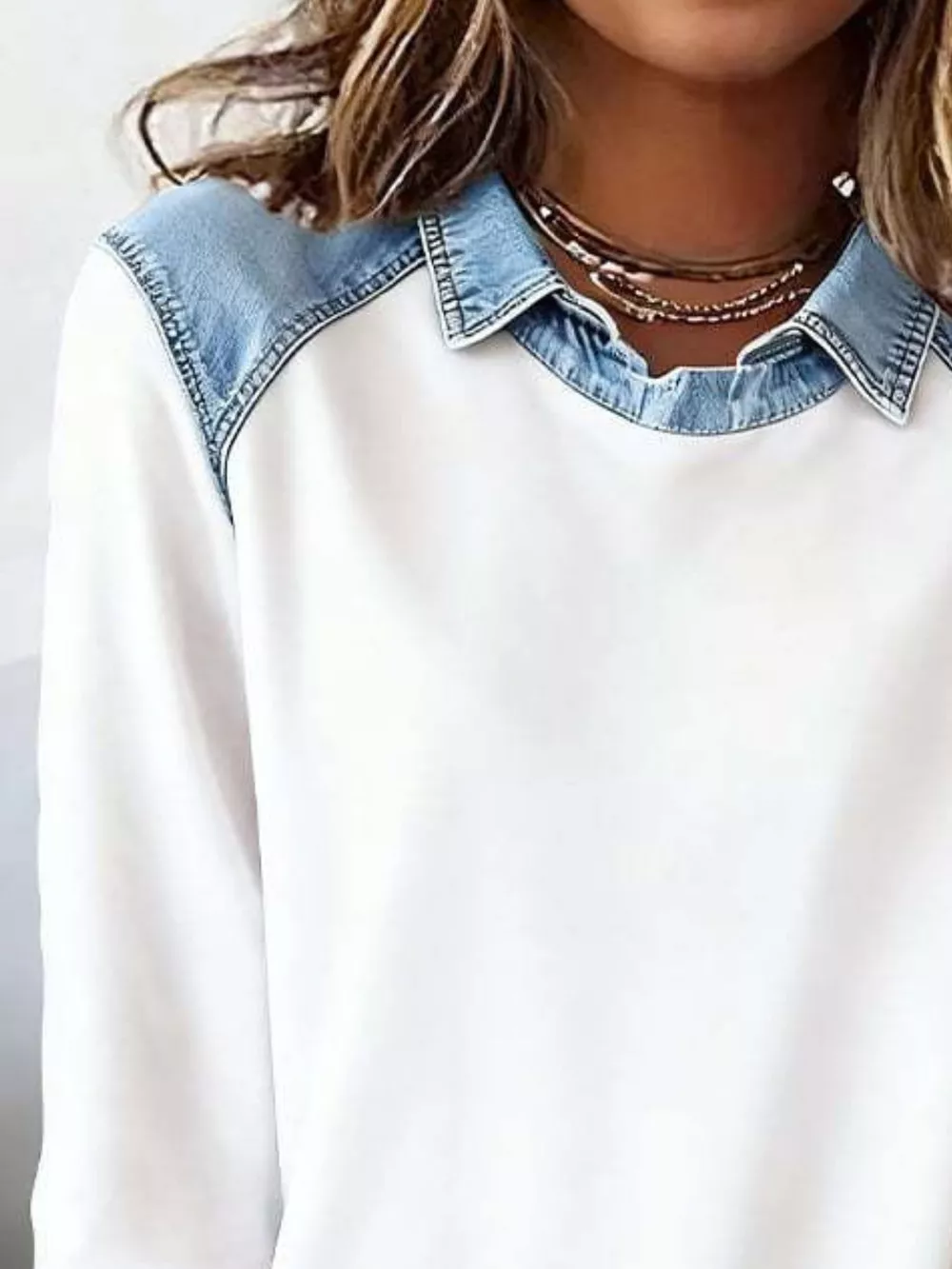 Full Size Denim Trim Long Sleeve Top Plus Size, image 3