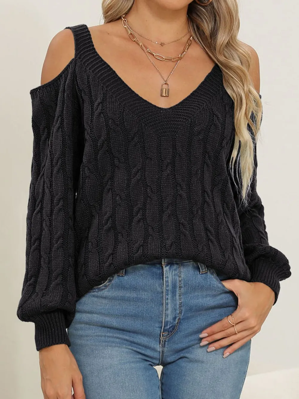 Cable-Knit V-Neck Long Sleeve Sweater, image 8