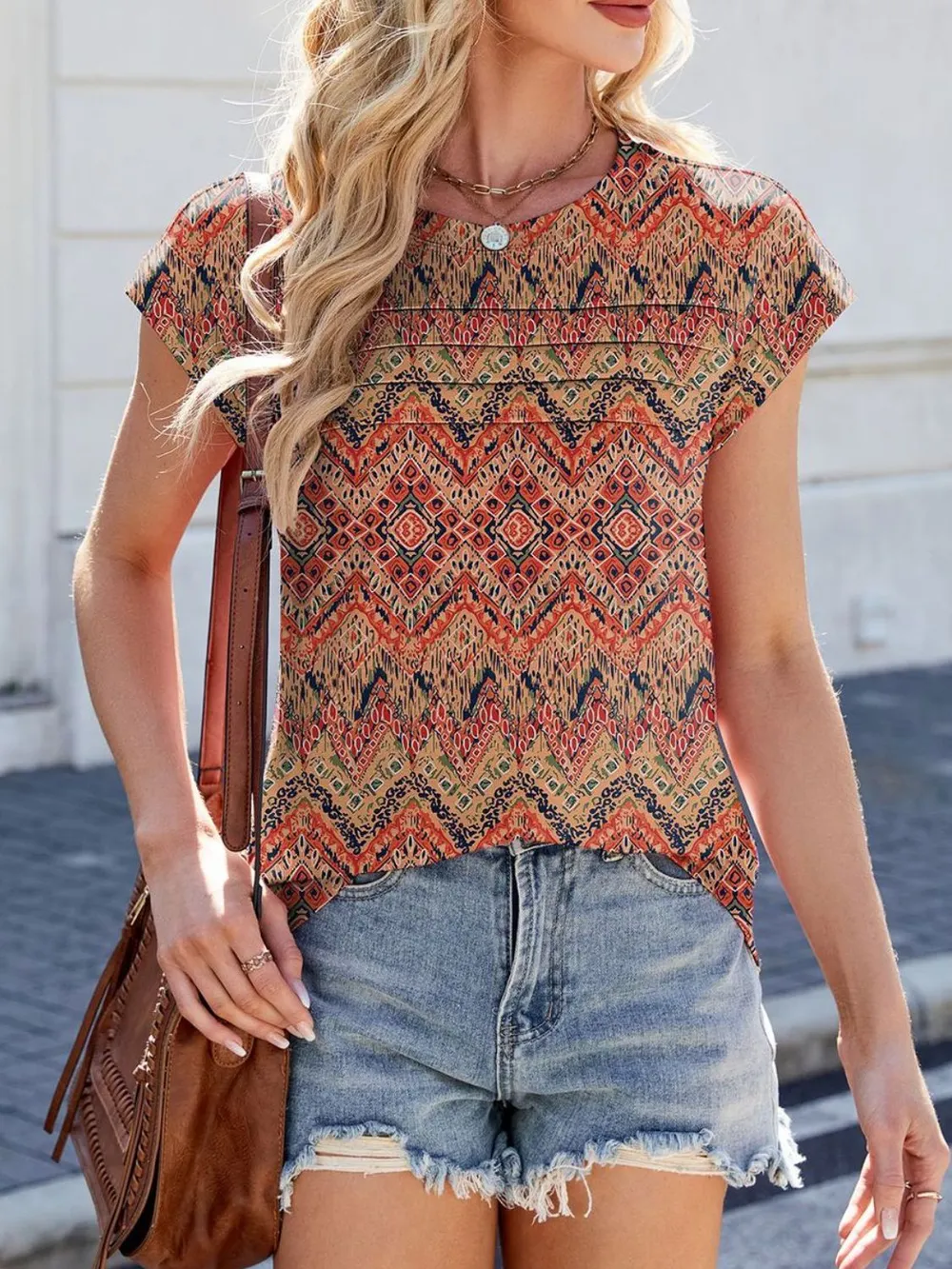 Printed Round Neck Cap Sleeve Top, image 6
