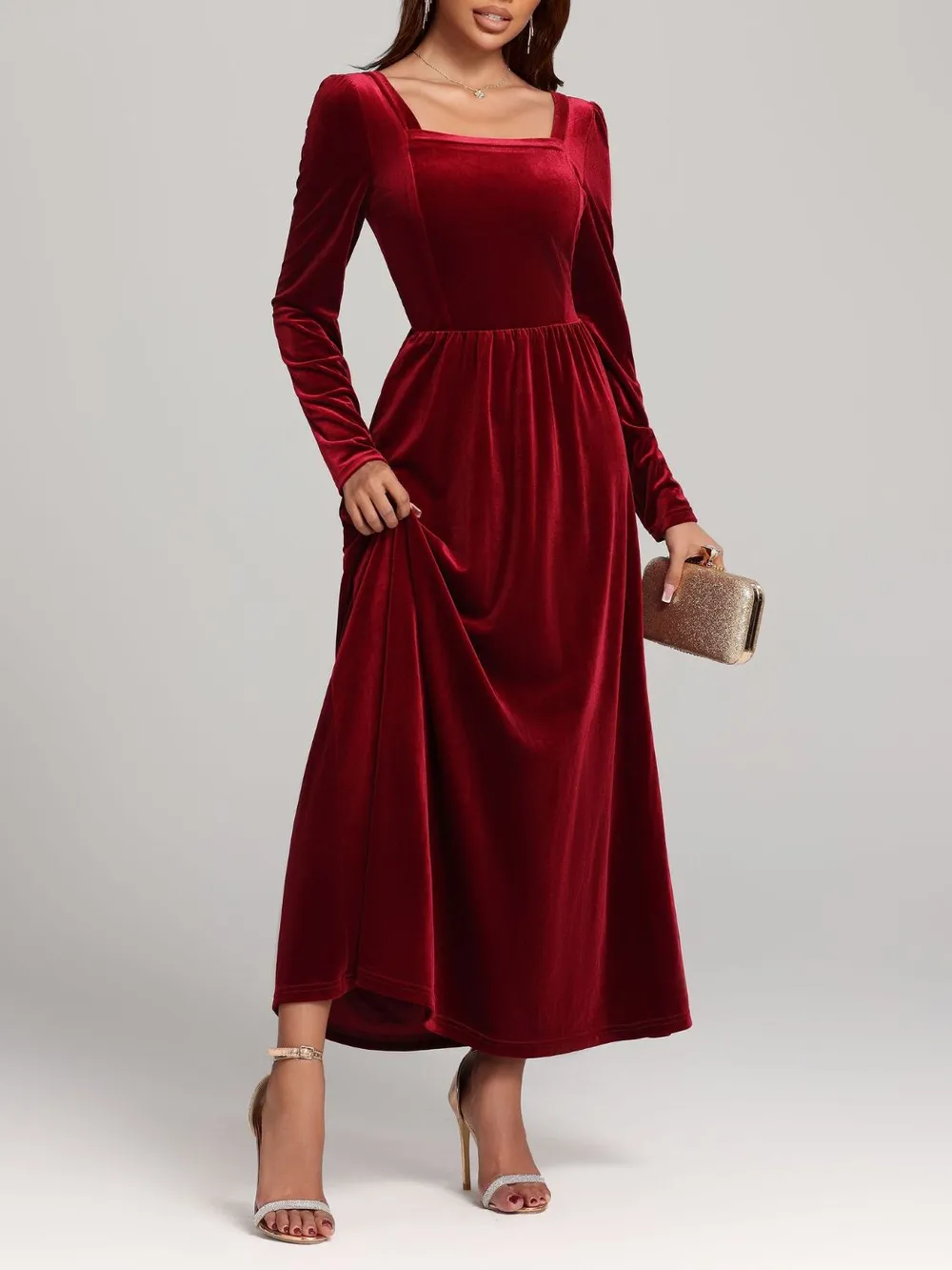 Velvet Square Neck Long Sleeve Dress, image 4