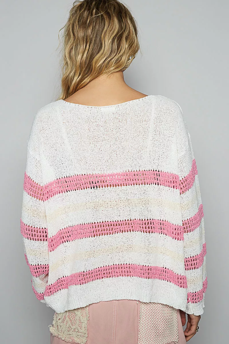 Striped Openwork Round Neck Knit Top, image 2