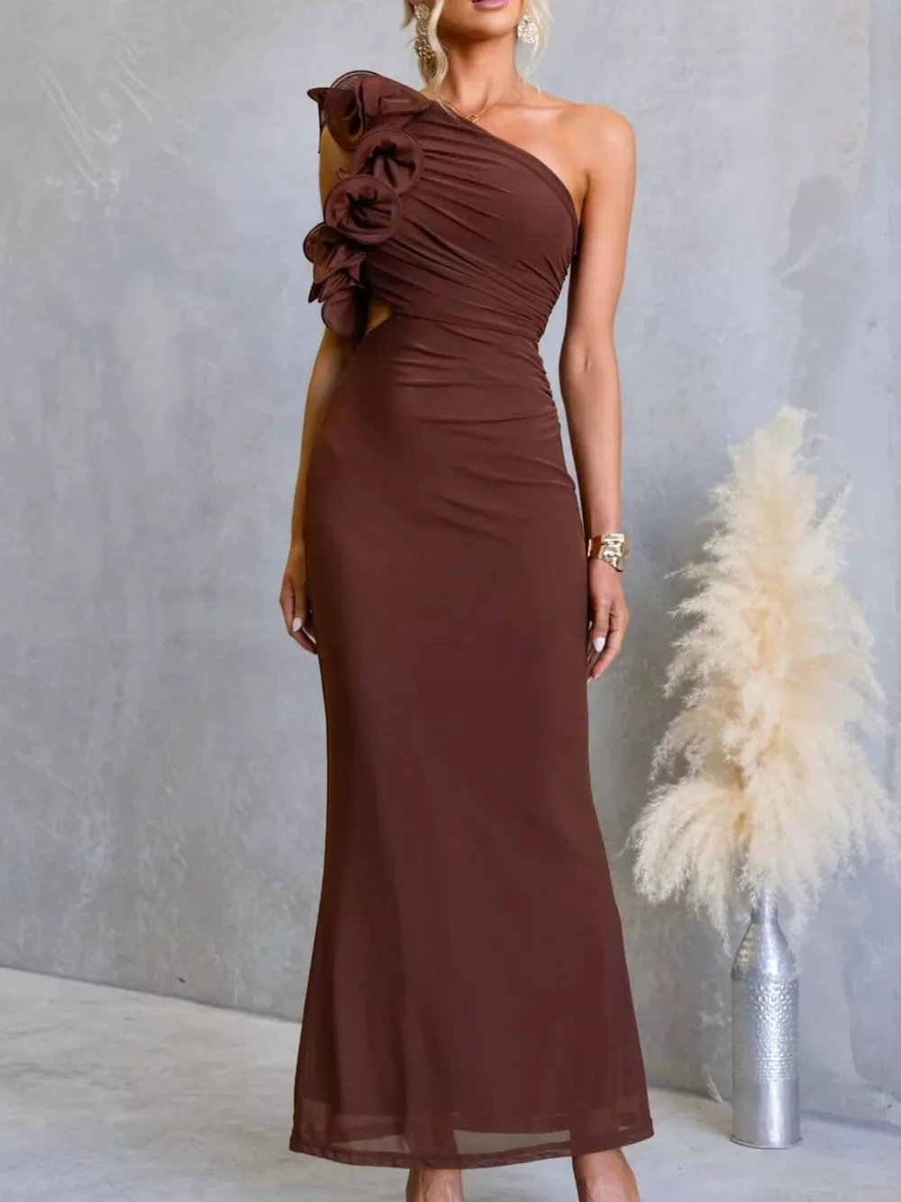 One-Shoulder Floral Trim Sleeveless Maxi Dress, image 11