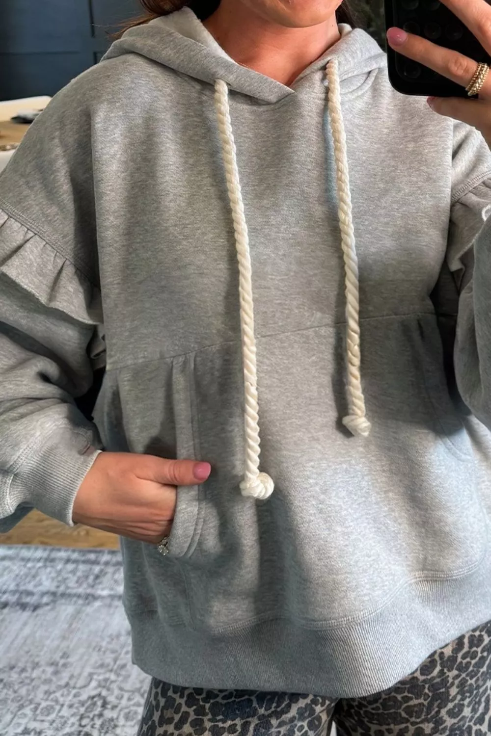 Ruffled Drawstring Long Sleeve Hoodie, image 3