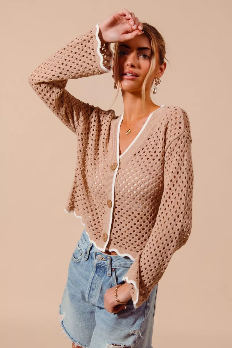 Open Knit Light Weight Sweater Cardigan With Contrast Wavy Scallop Edge, image 8