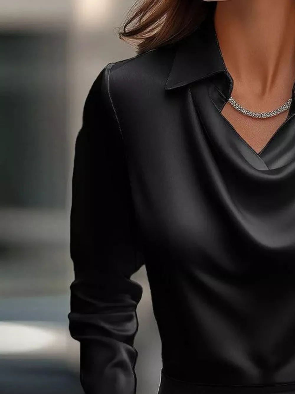 Ruched Long Sleeve Drape Collar Blouse, image 4