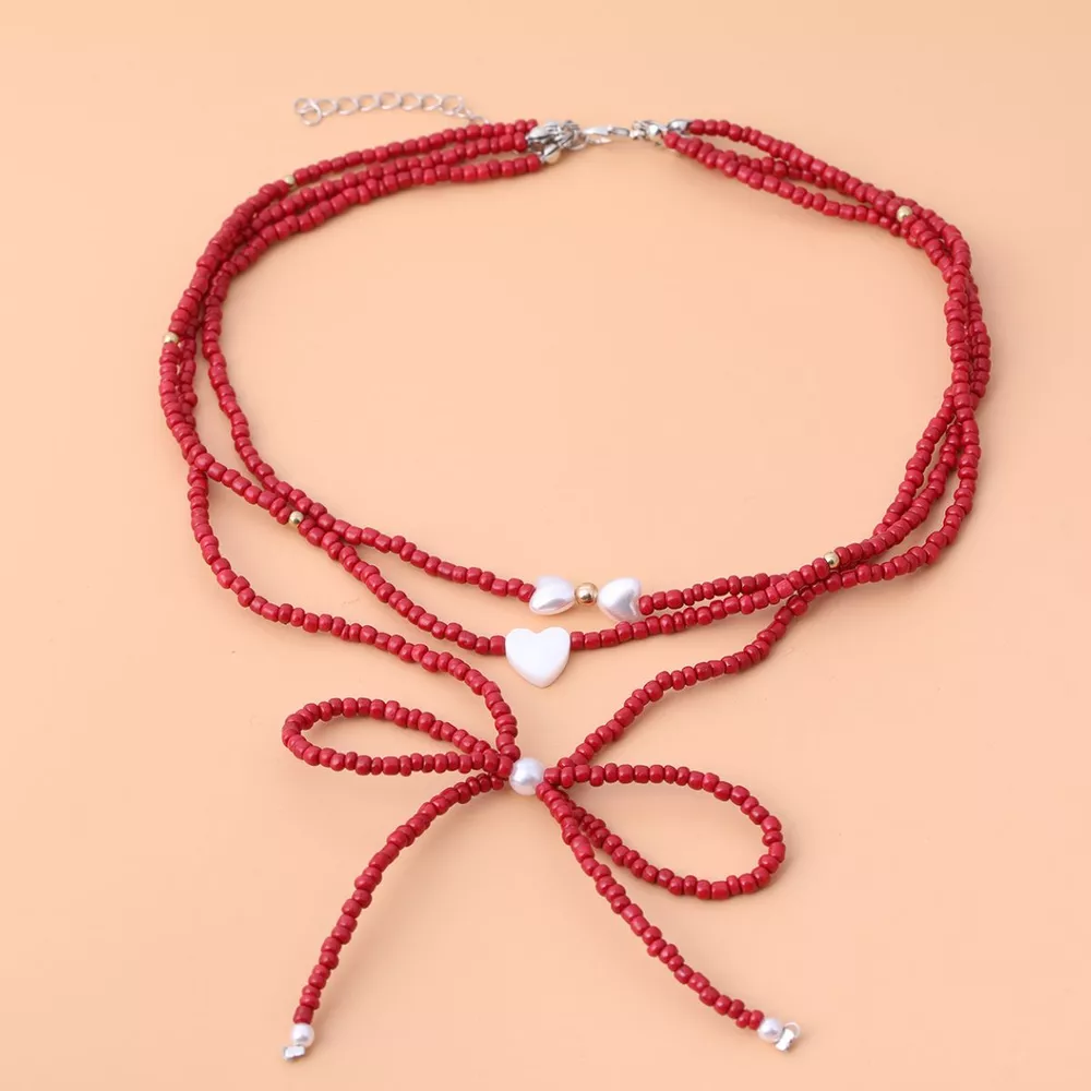 Beaded Bow Necklace with Heart Pendants, image 6