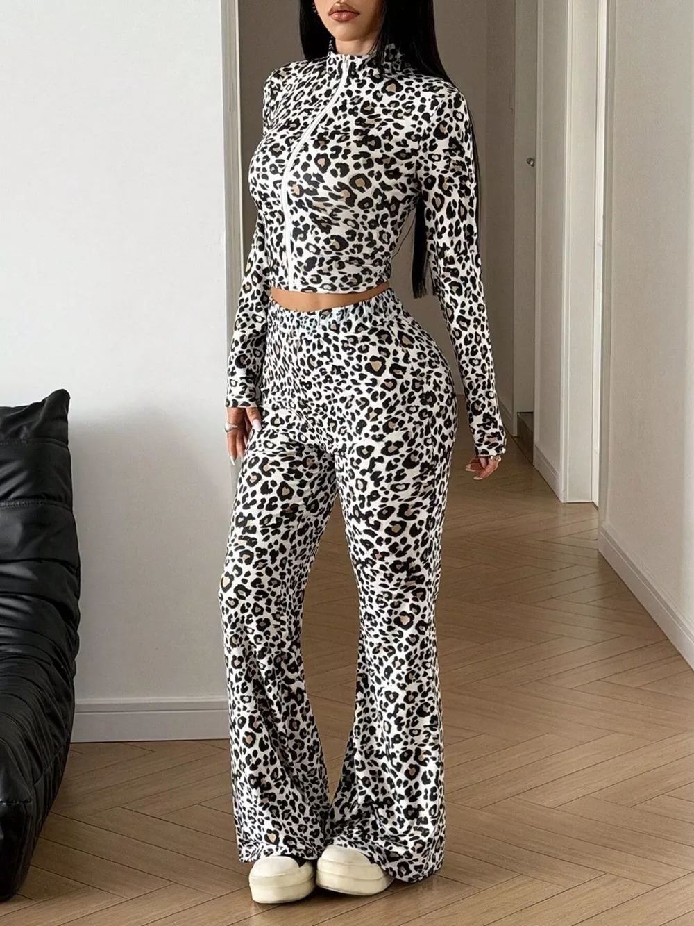 Leopard Print Zip-Up Crop Top and Flared Pants Two-Piece Set, image 3
