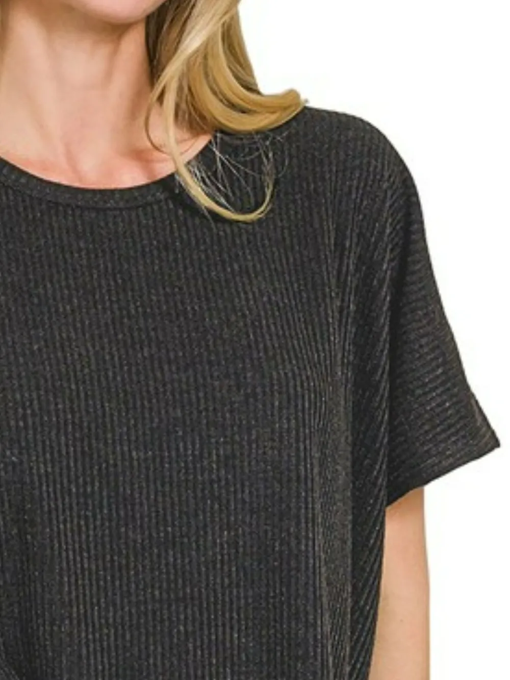 Ribbed Round-Neck Short-Sleeve Knit Top, image 2