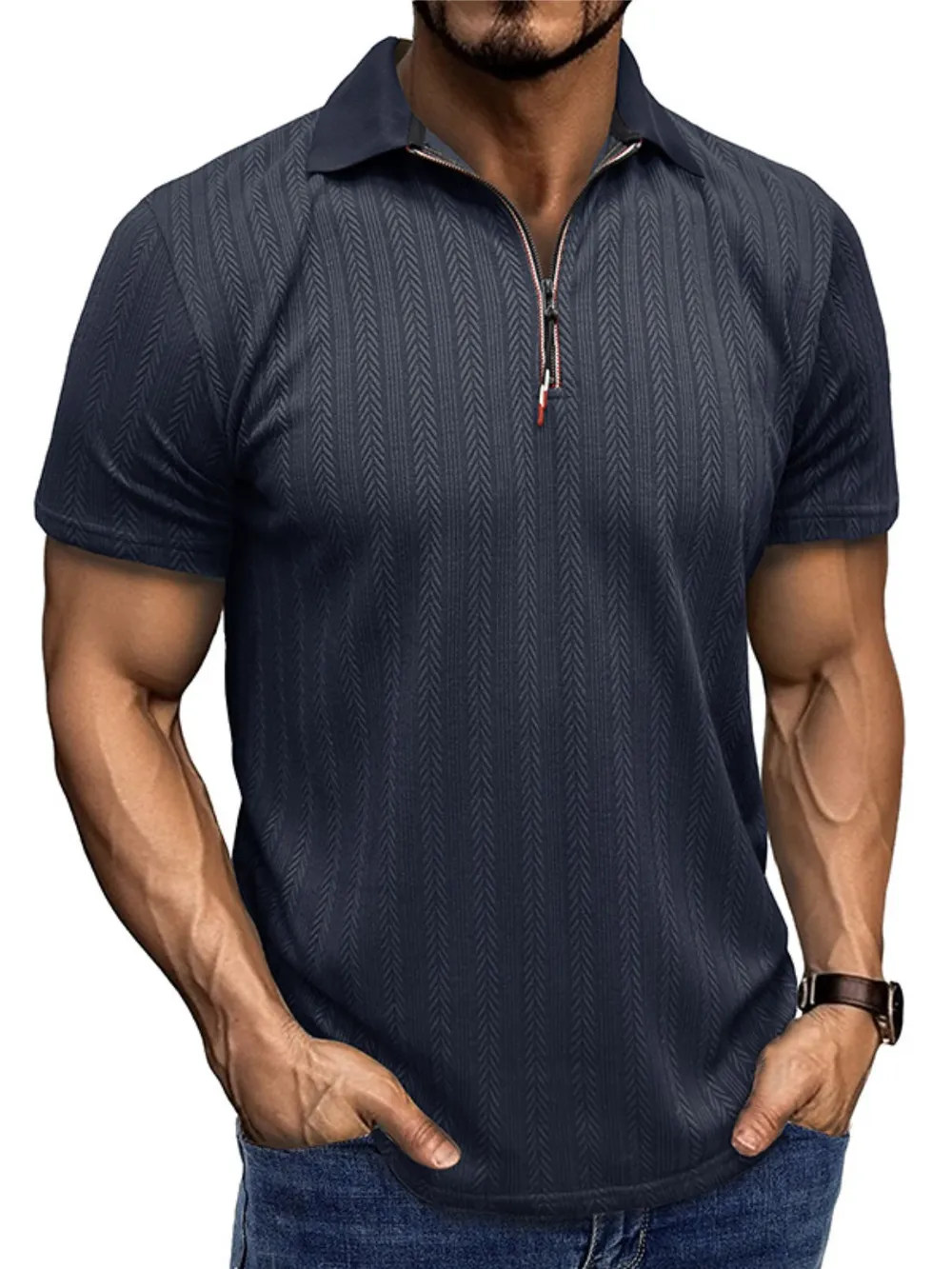 Men's Textured Quarter-Zip Polo Shirt, image 4