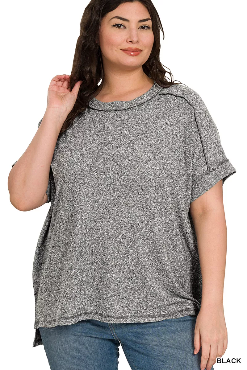 Full Size Soft Melange Hacci Short Sleeve Hi-low Tee Plus Size, image 2
