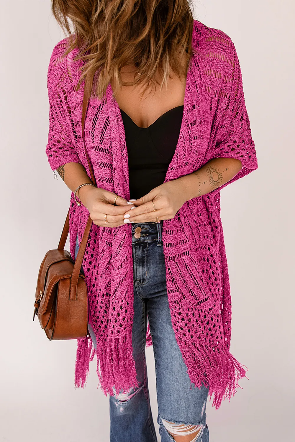 Openwork Open Front Cardigan with Fringes, image 9