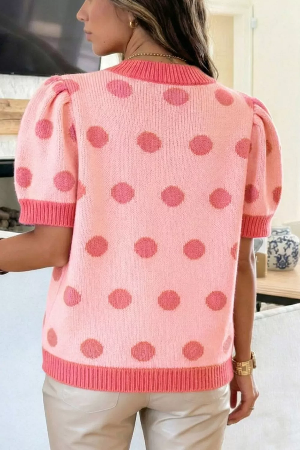Polka Dot Puff Short Sleeve Sweater Top, image 6