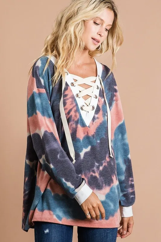 Tie Dye Deep V-Neck Top with Lace Up Front, image 5