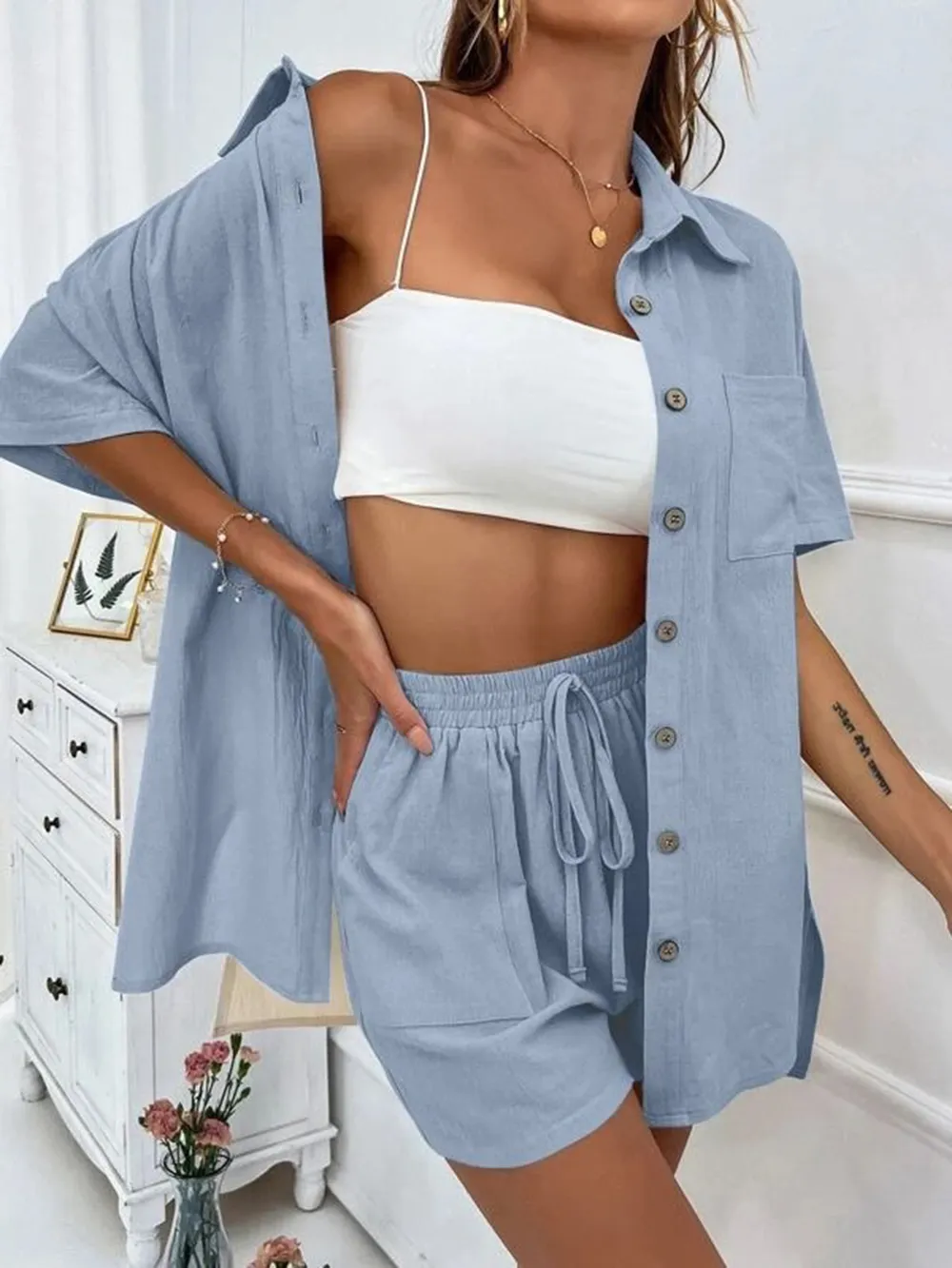 Button Up Shirt and Drawstring Shorts Set, image 12