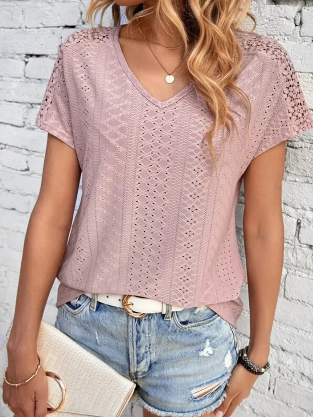 Eyelet V-Neck Short Sleeve T-Shirt, image 14
