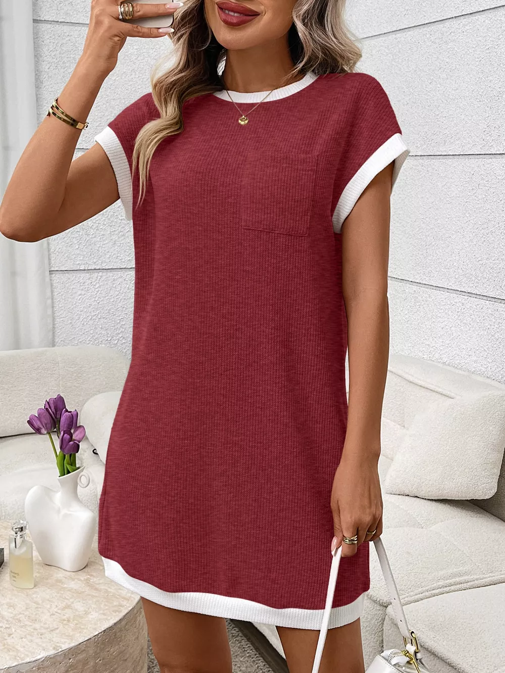 Contrast Trim Ribbed Knit Mini Dress with Pocket, image 18