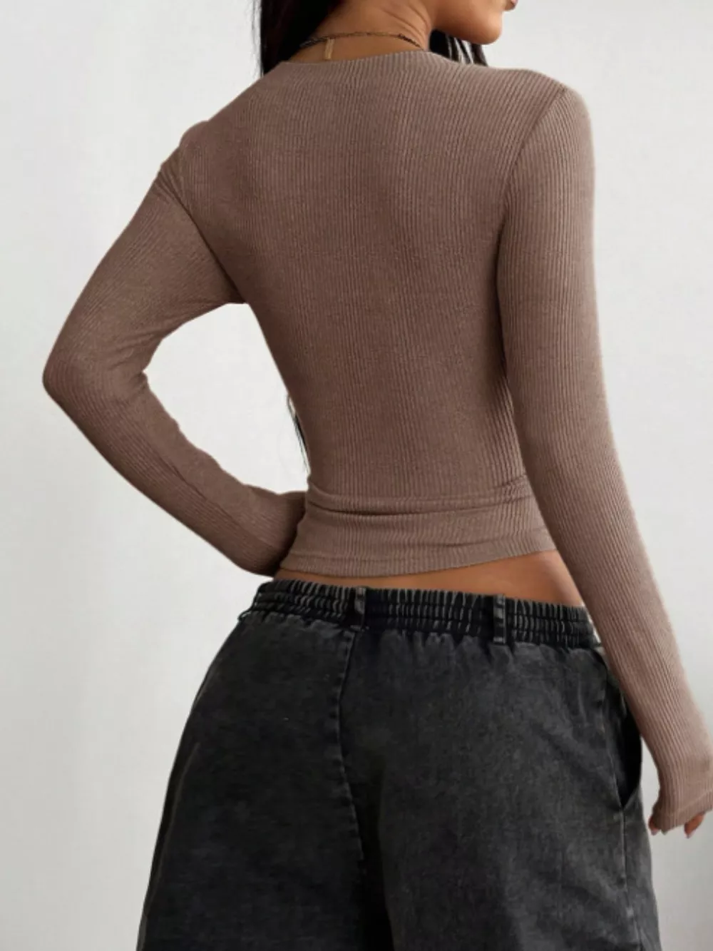 Ribbed Knit Long Sleeve V-Neck Top, image 4