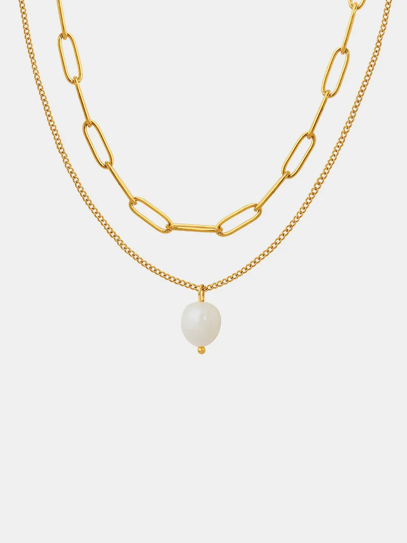Freshwater Pearl Titanium Steel Double-Layered Necklace, image 3