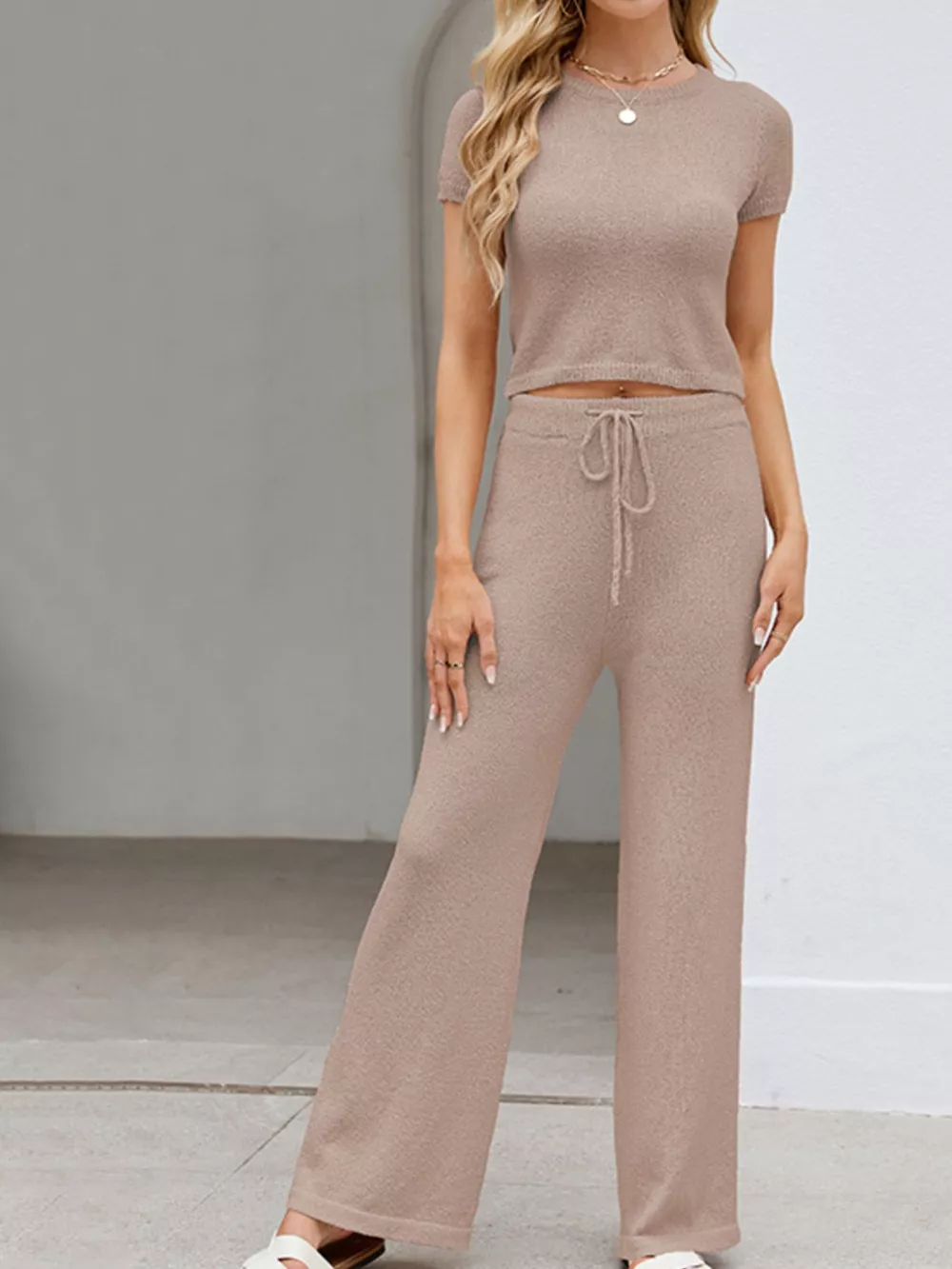 Solid Color Knit Short Sleeve Top and Wide Leg Pants Set, image 3