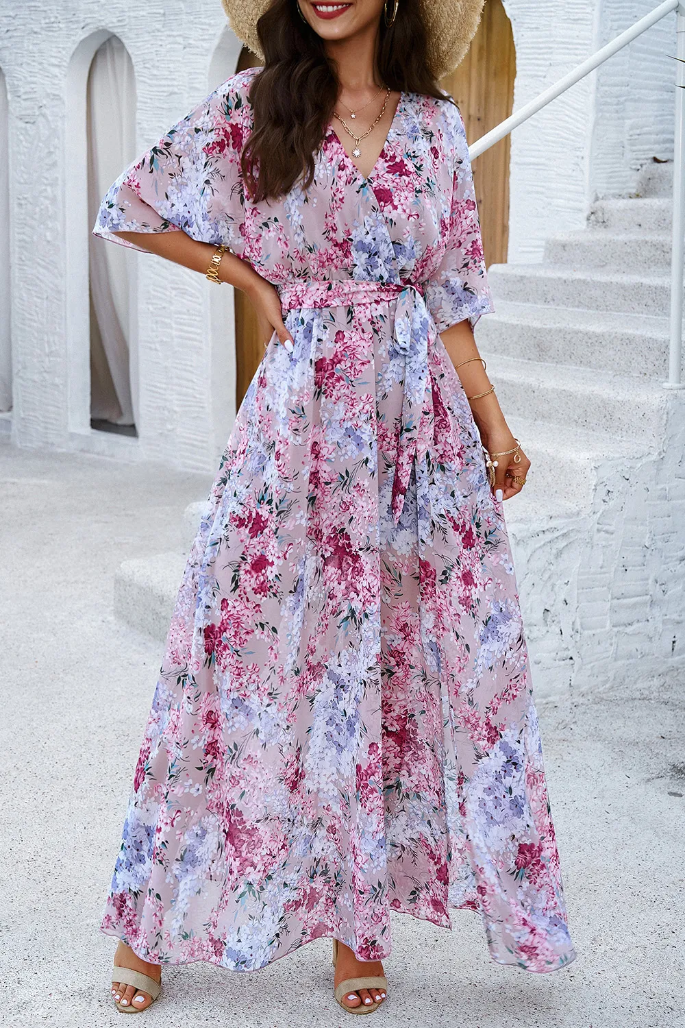 Printed Tied Half Sleeve Slit Dress, image 12