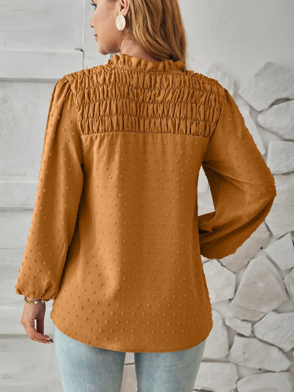 Ruched Swiss Dot Notched Balloon Sleeve T-Shirt, image 15