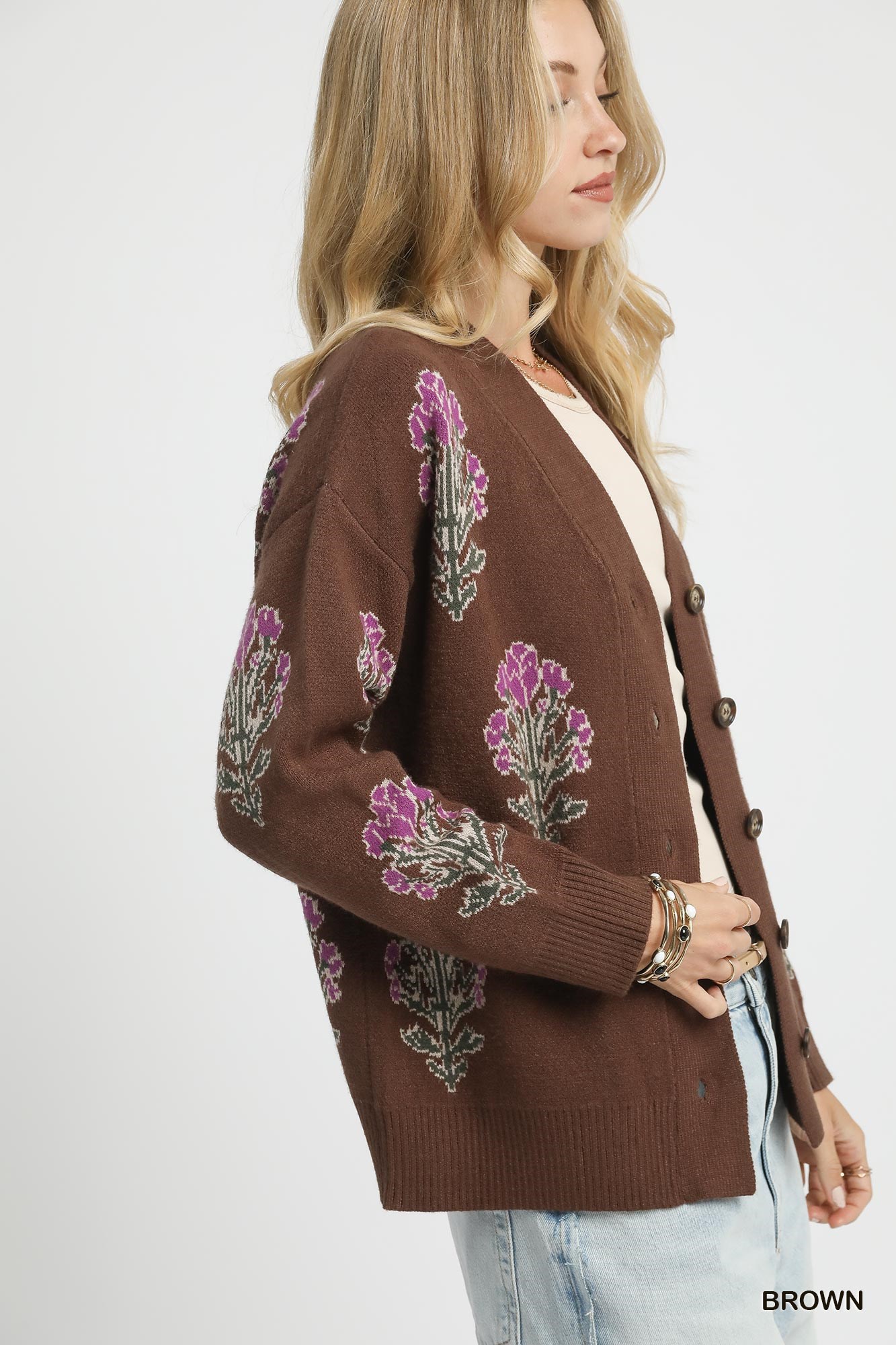 Single Flower Stem Jacquard Cardigan Sweater, image 3