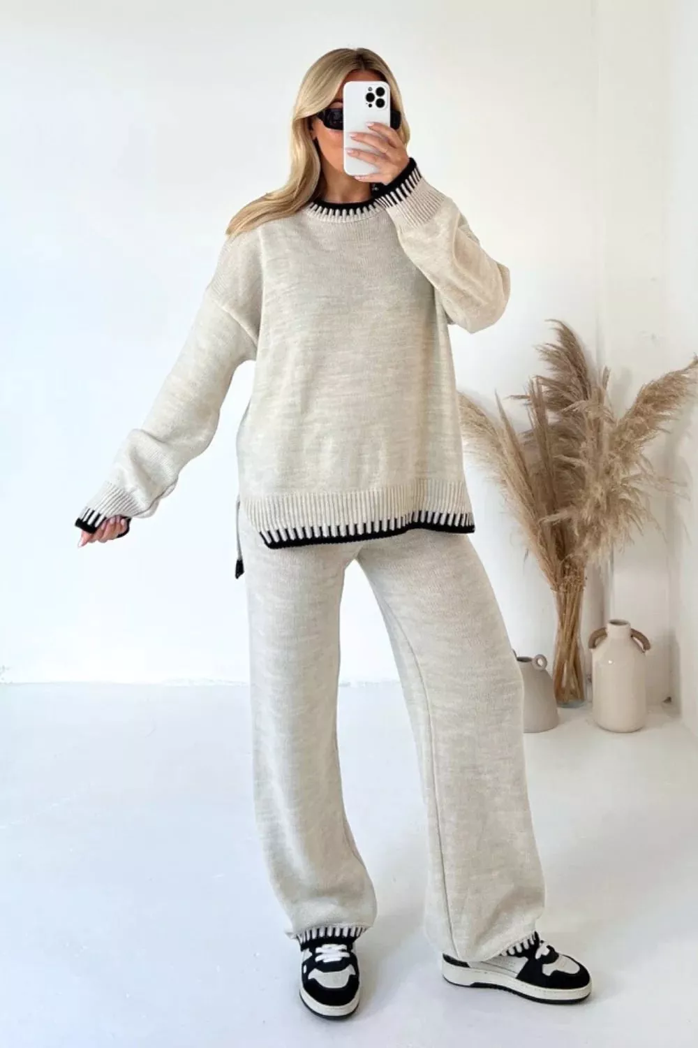 Contrast Trim Round Neck Top and Pants Sweater Set, image 14
