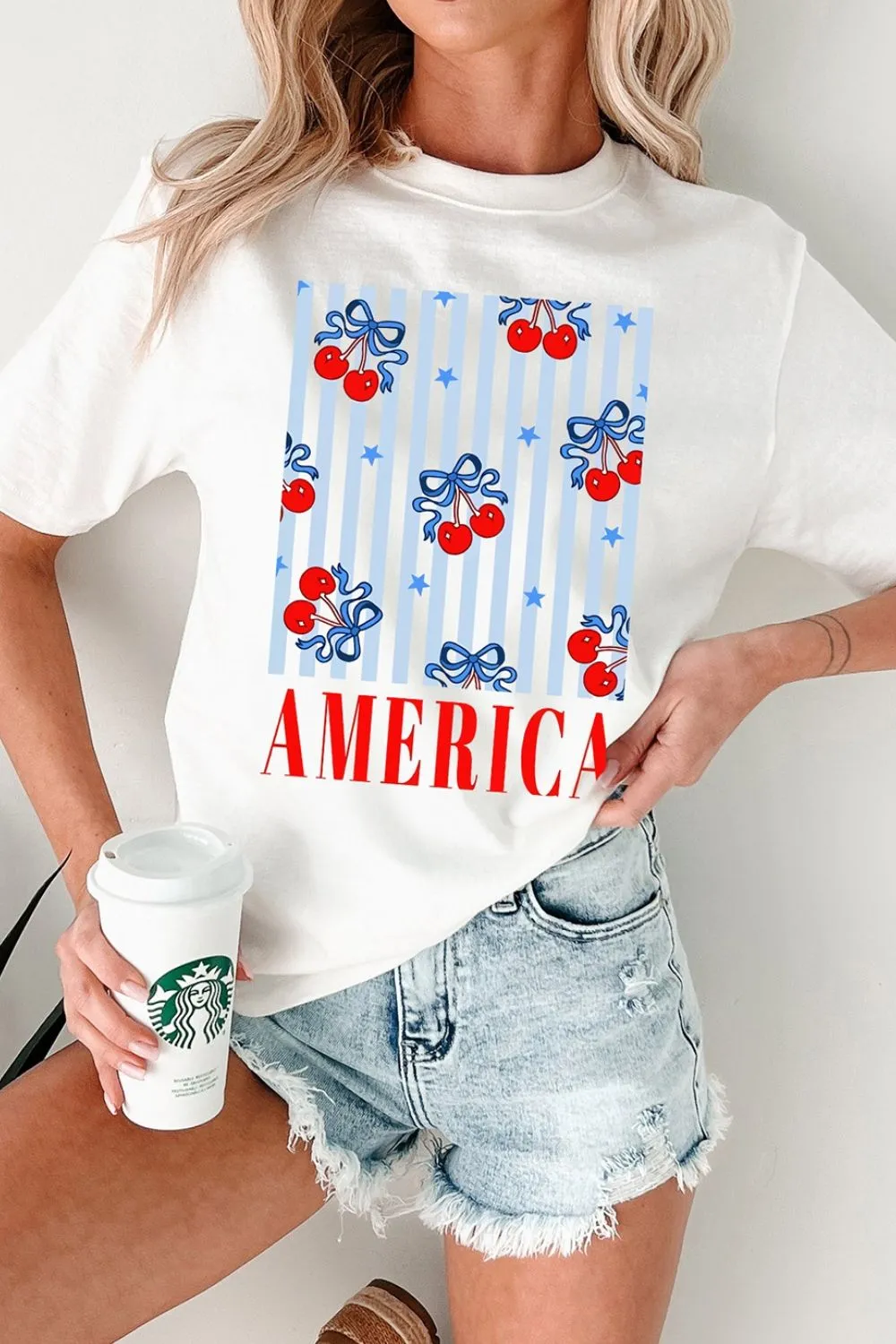 Bow Cherry AMERICA Graphic Crewneck Patriotic T Shirt, image 2