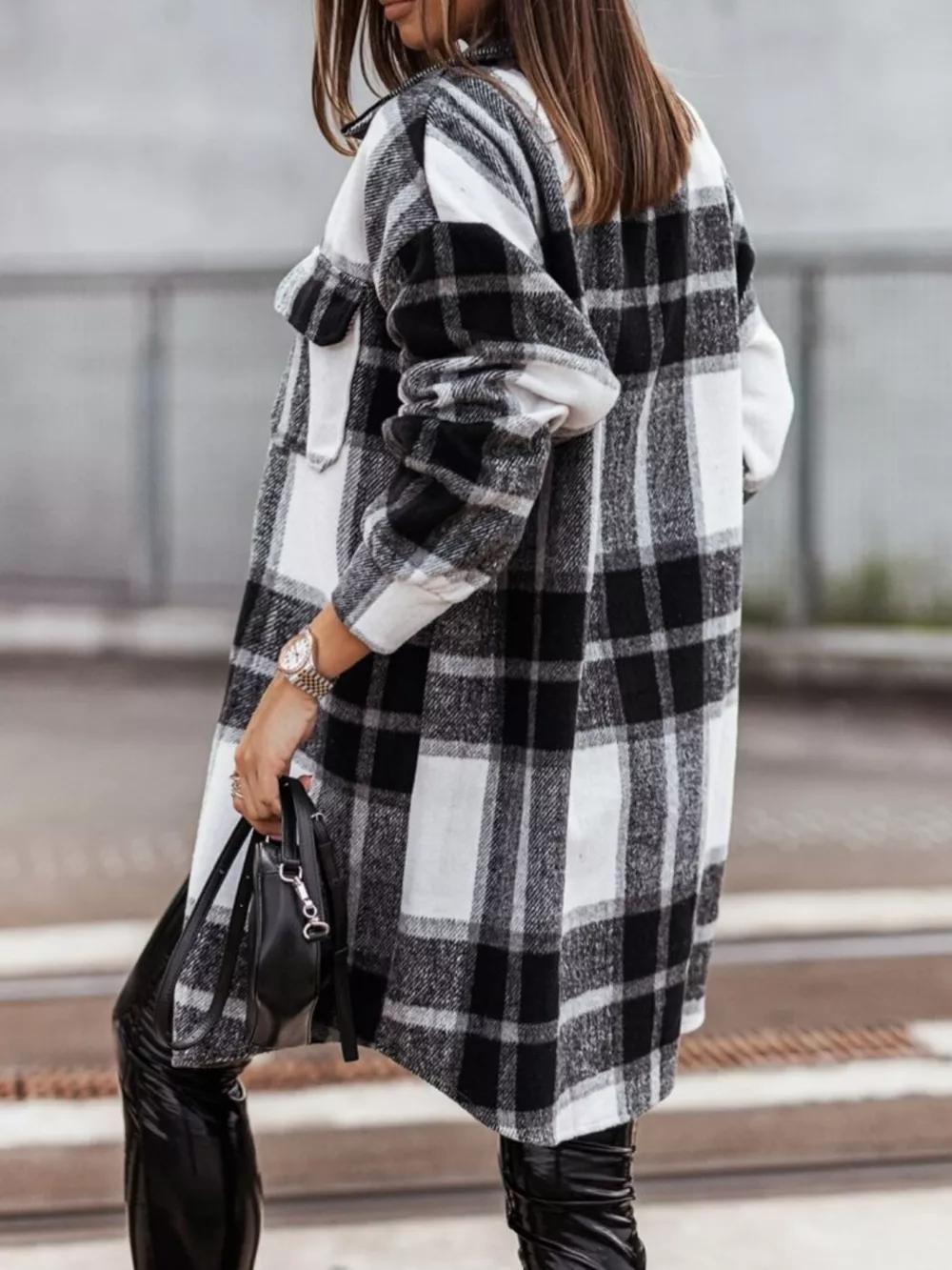 Button Down Collared Neck Plaid Flannel Shacket, image 3