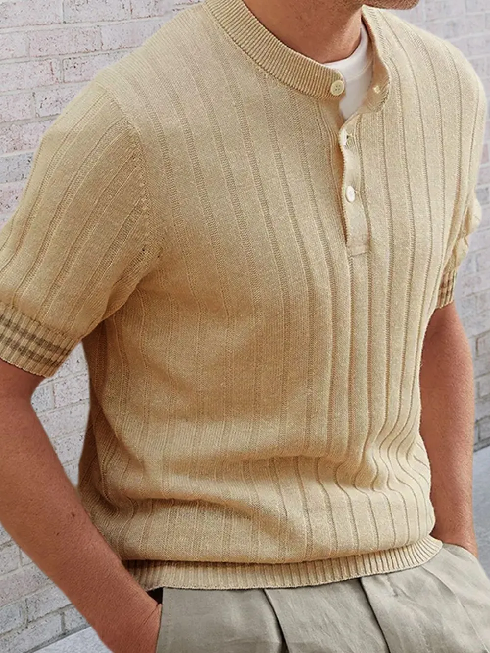 Men's Plus Size Ribbed Quarter Button Round Neck Striped Trim Polo, image 2