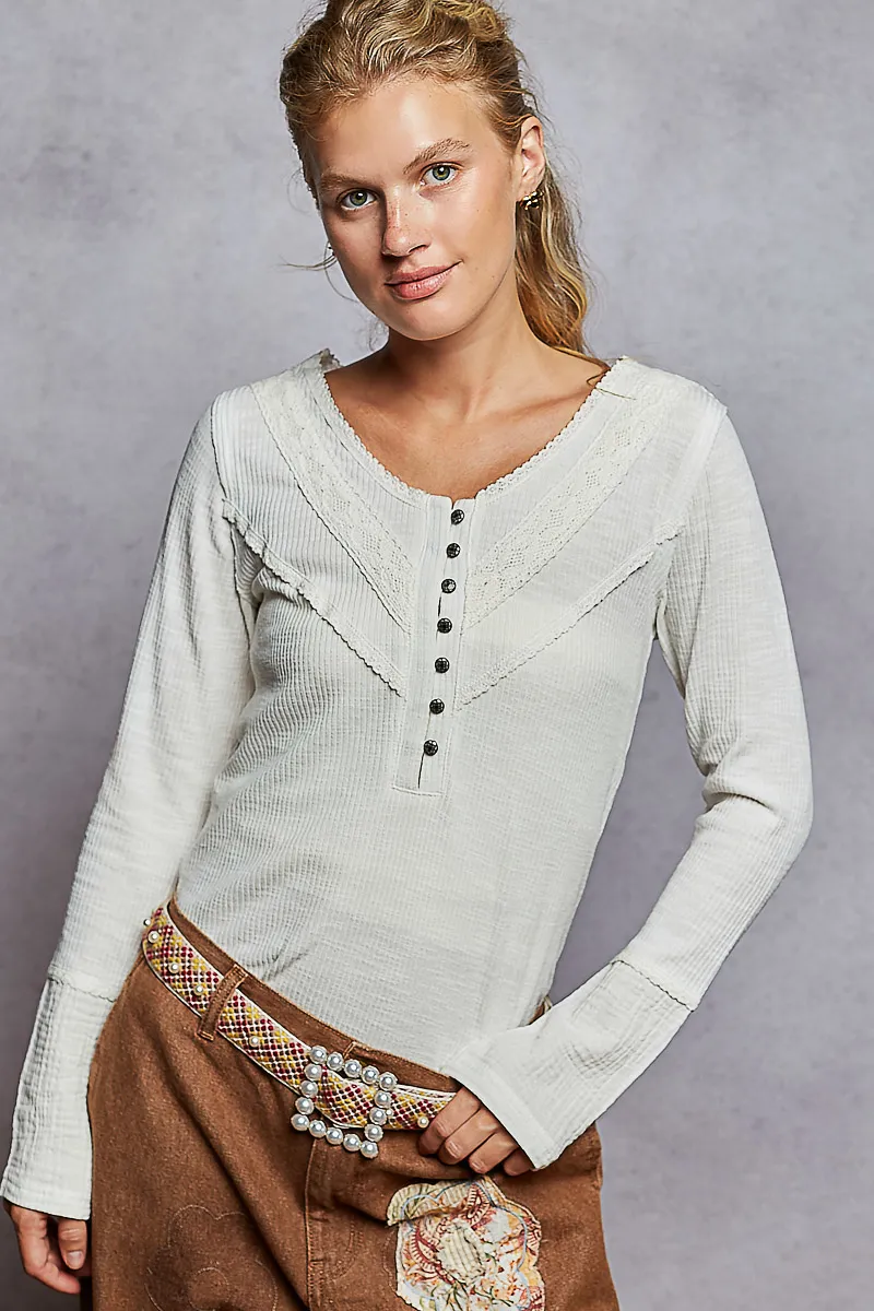 Ribbed Half Button Lace Detail Knit Top, image 2