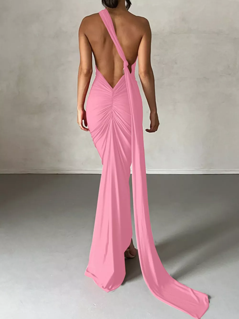 Backless One-Shoulder Ruched Bodycon Maxi Dress, image 9