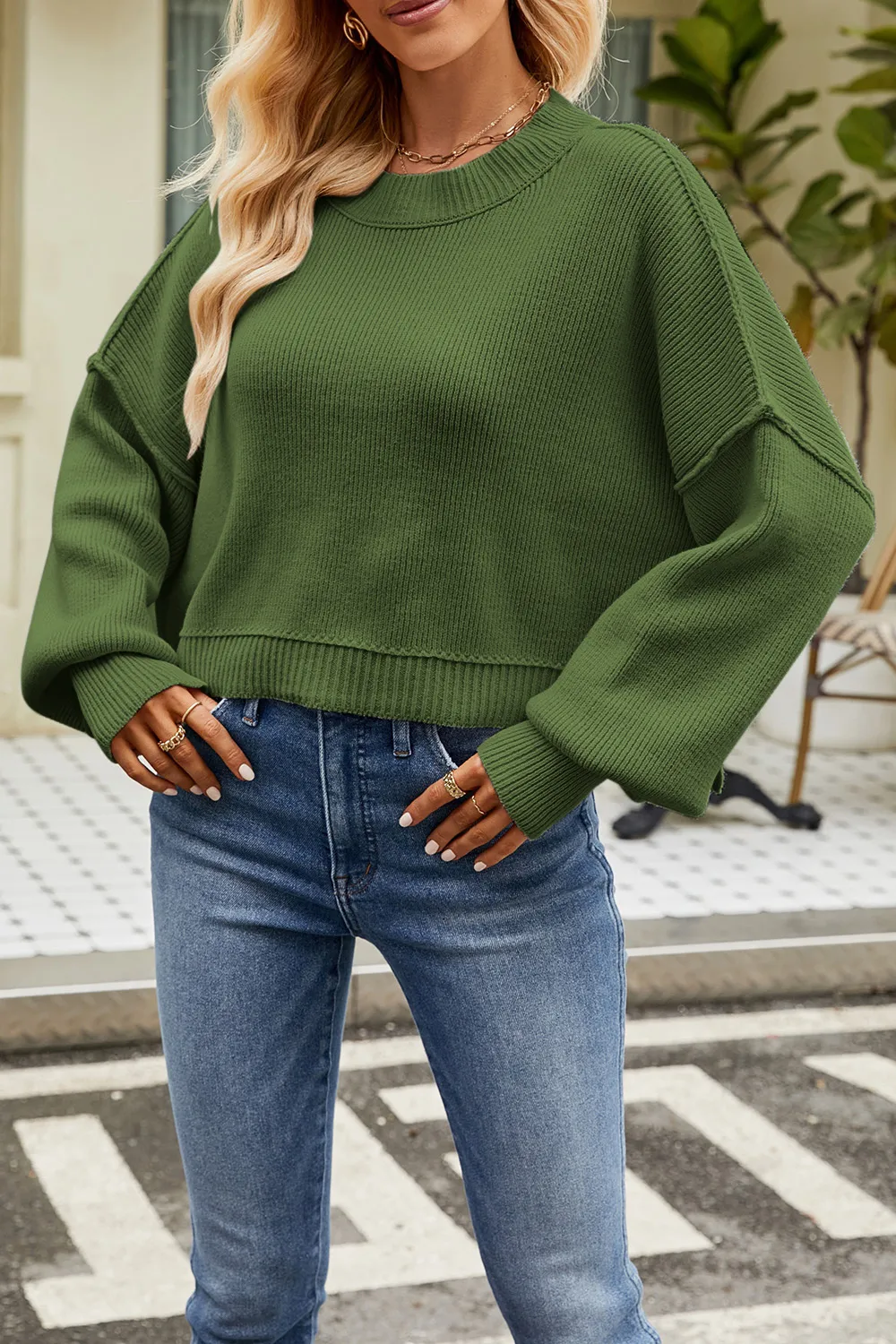 Round Neck Dropped Shoulder Sweater, image 4