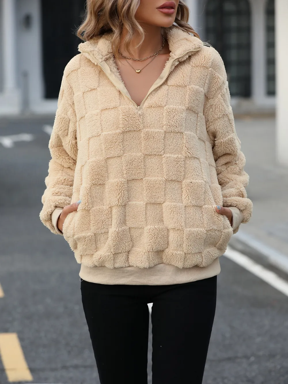 Fuzzy Quarter Zip Long Sleeve Sweatshirt, image 5