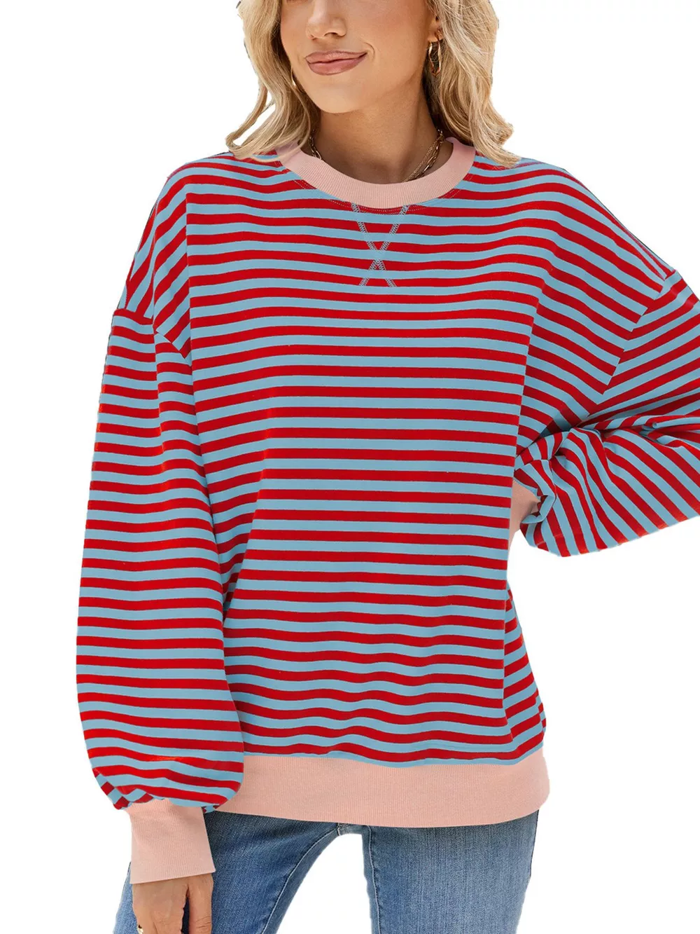 Striped Crew Neck Long Sleeve Sweatshirt, image 7