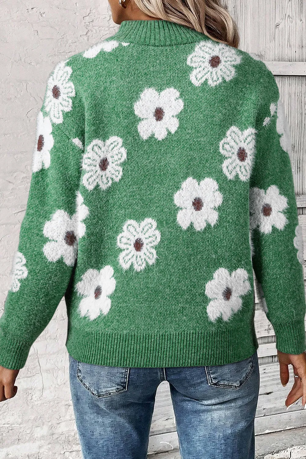 Flower Half Zip Long Sleeve Sweater, image 3