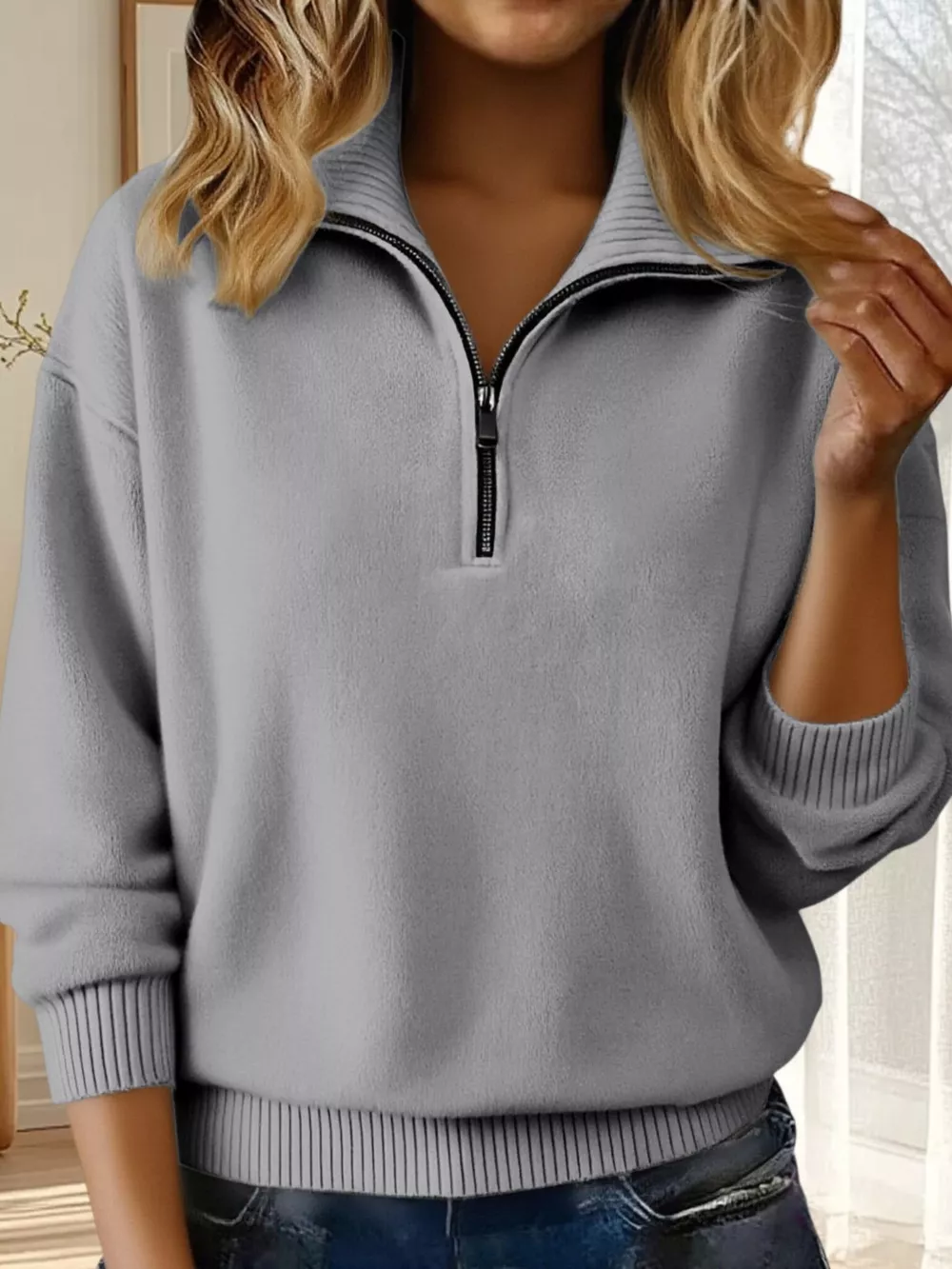 Full Size Half Zip Dropped Shoulder Sweater Plus Size, image 8
