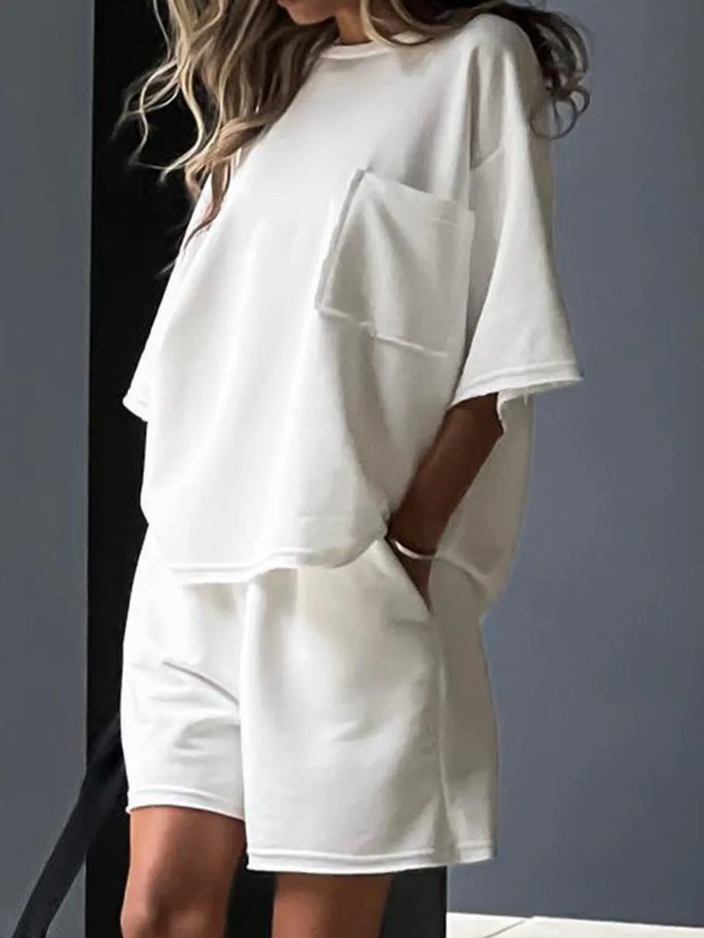 Pocketed Round Neck Half Sleeve Top and Shorts Set, image 2
