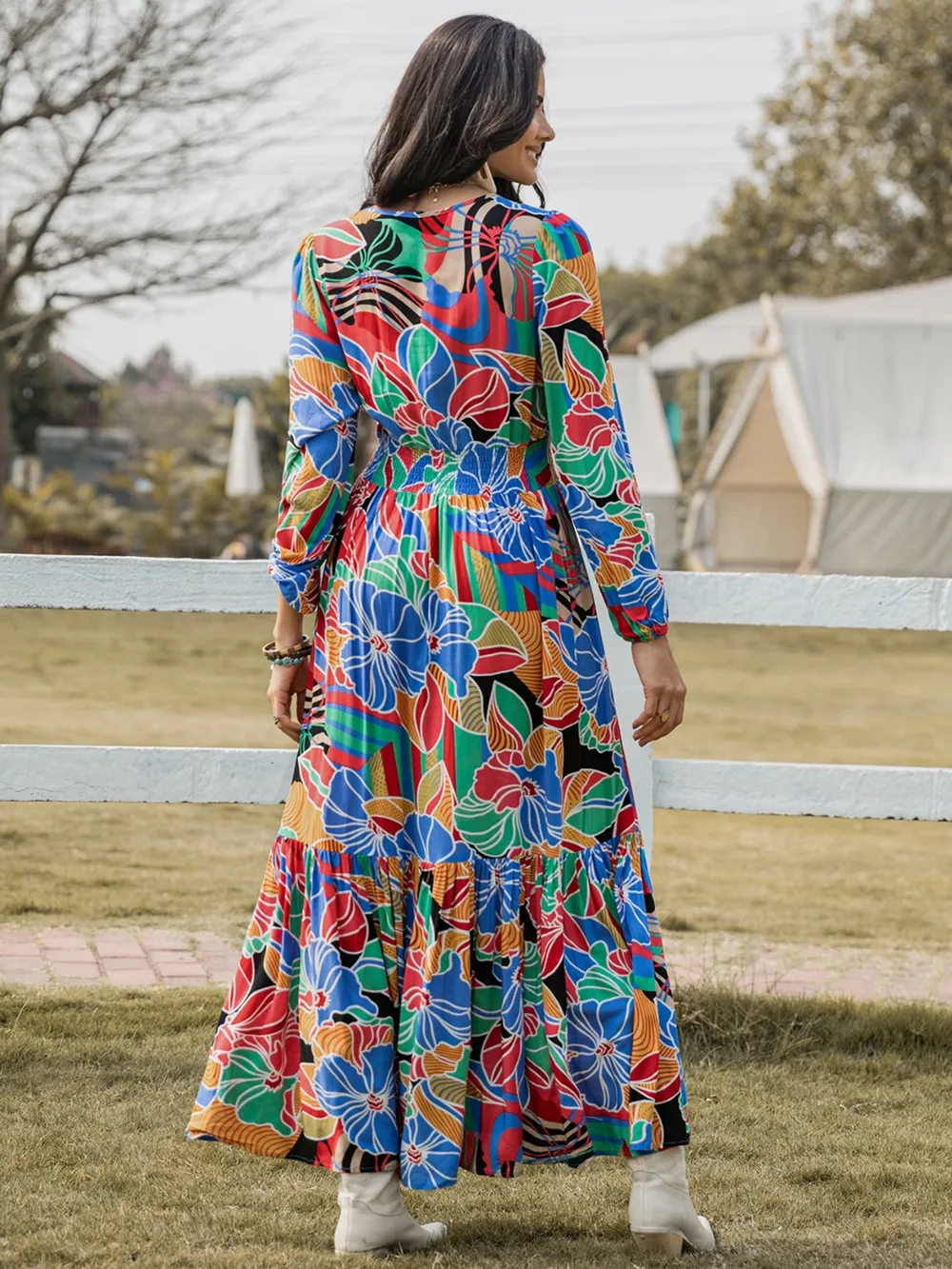 Printed Smocked Tie Neck Balloon Sleeve Maxi Dress, image 4