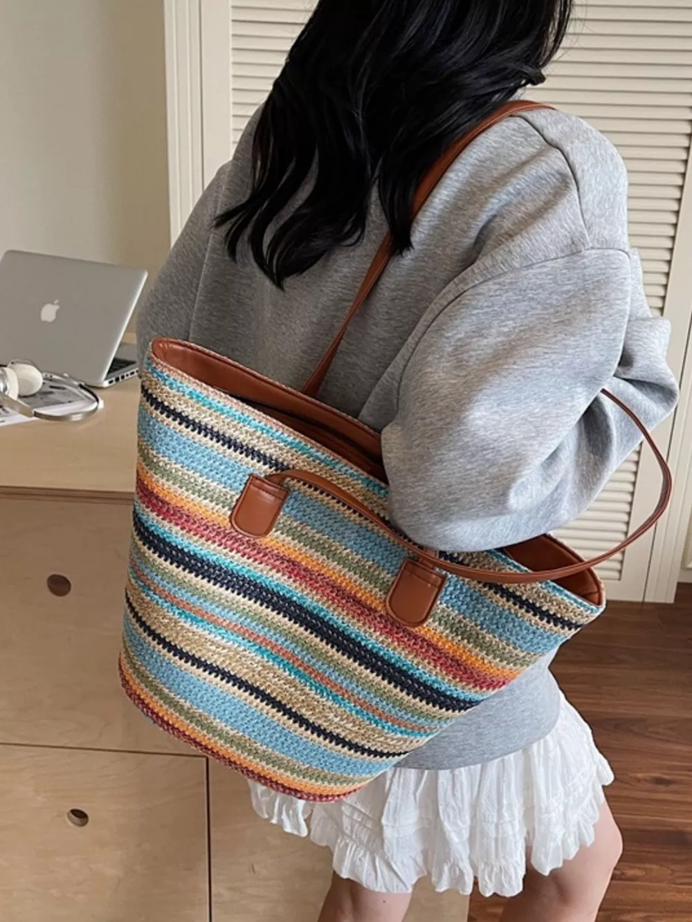 Striped Woven Shoulder Bag, image 9