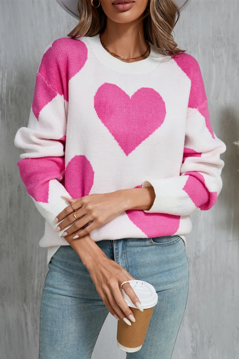 Contrast Heart Dropped Shoulder Long Sleeve Sweater, image 4