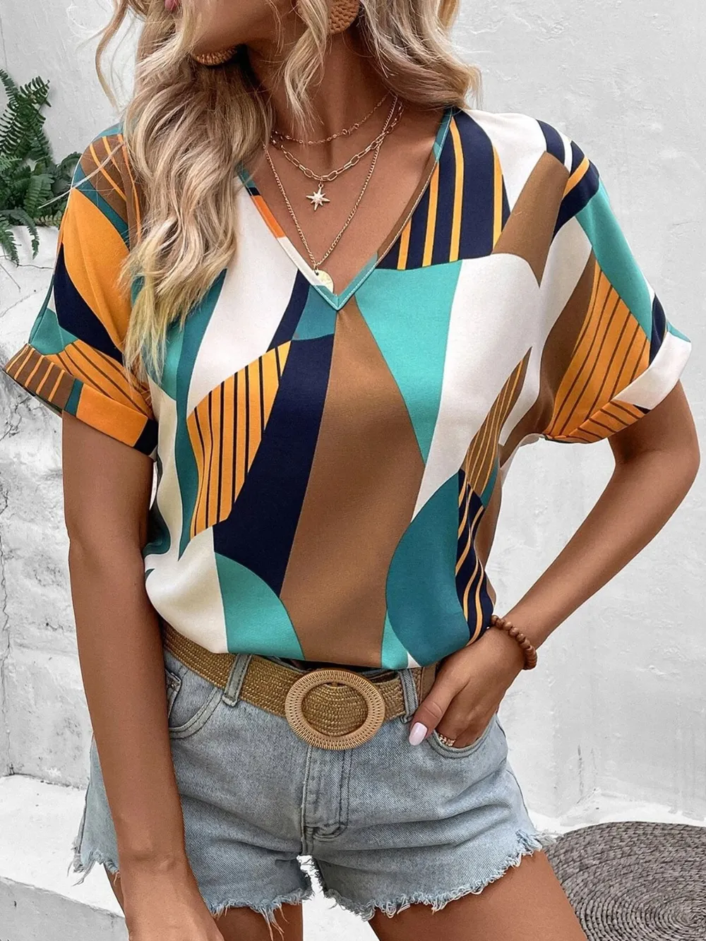 Printed V-Neck Short Sleeve Blouse, image 6