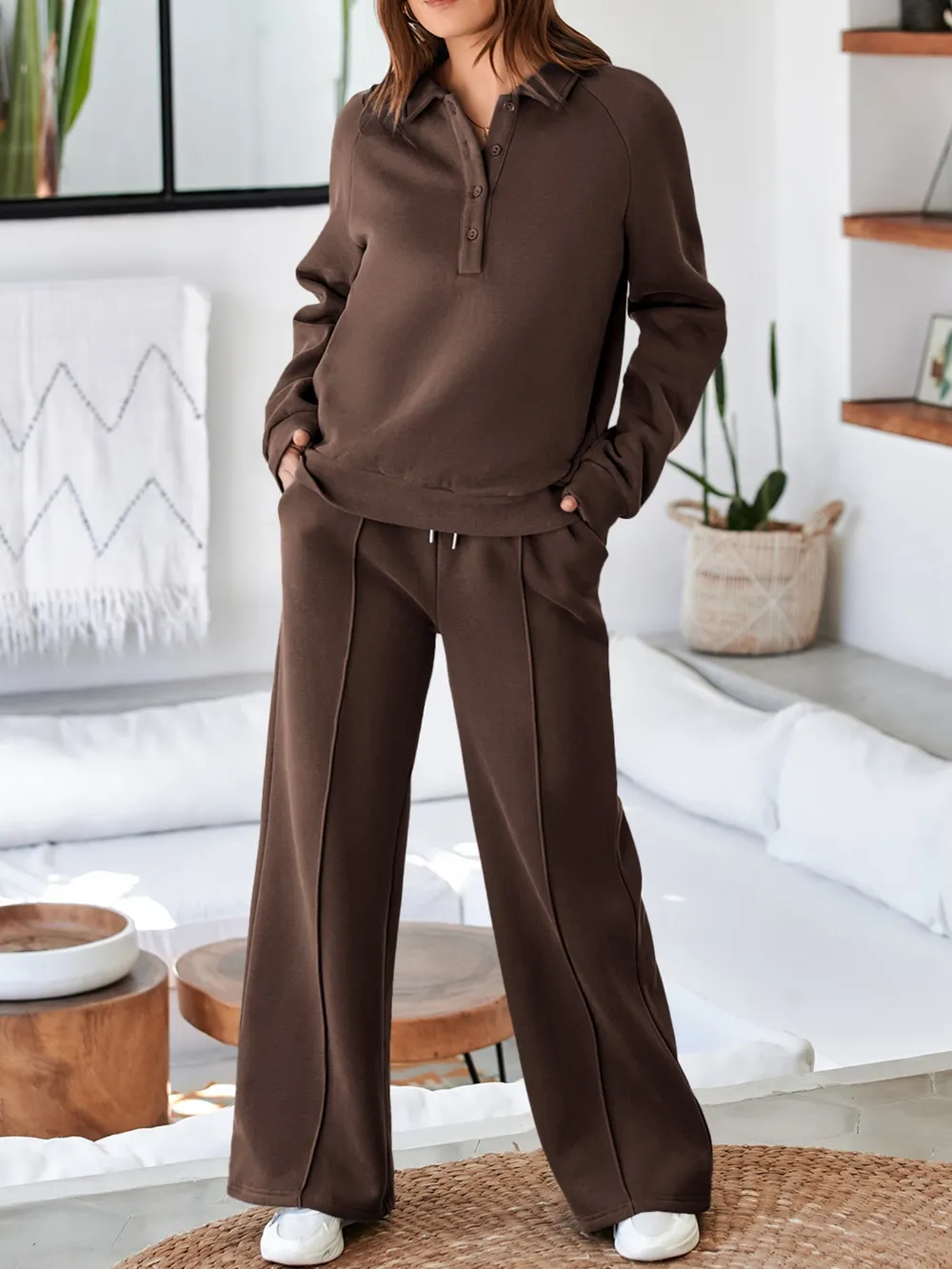 Collared Sweatshirt and High Waist Pants Active Set, image 5