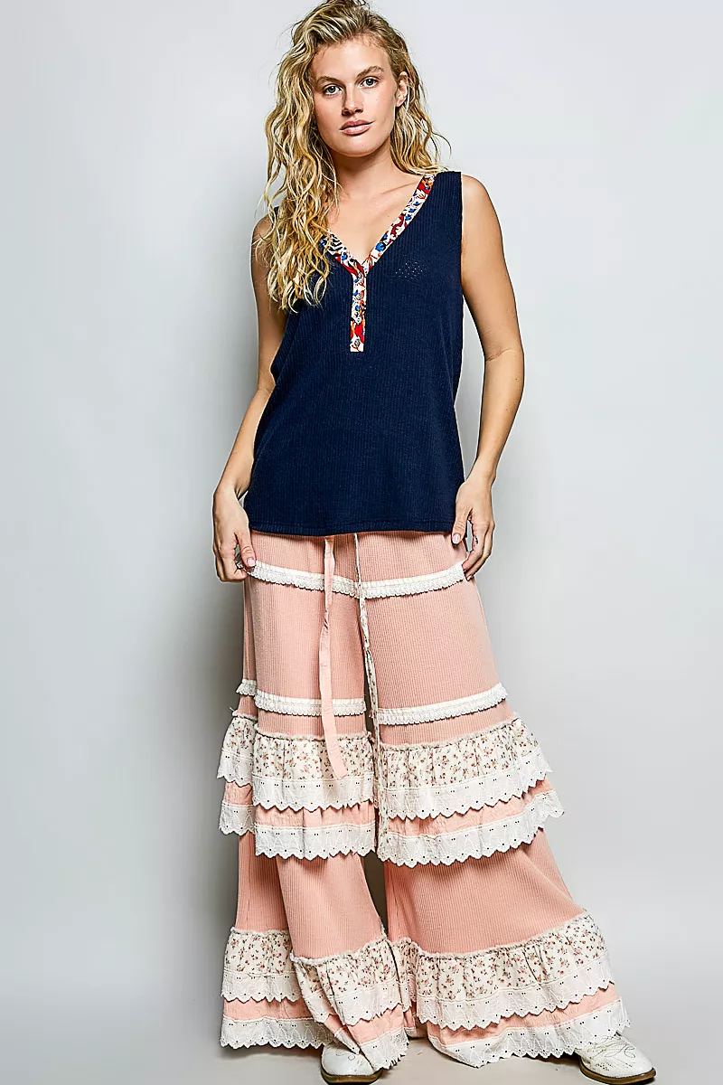 Ribbed V-Neck Tank with Contrast Floral Neckband, image 2